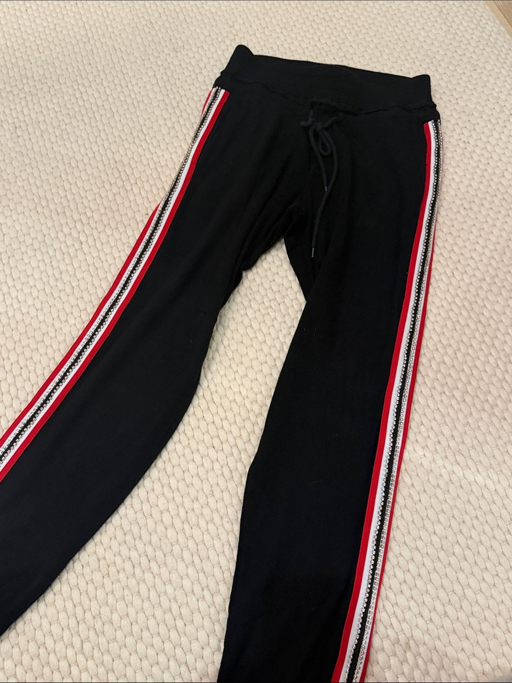 Womenโs The Kooples Sport Black Track Pants with Red & White Side Stripes
